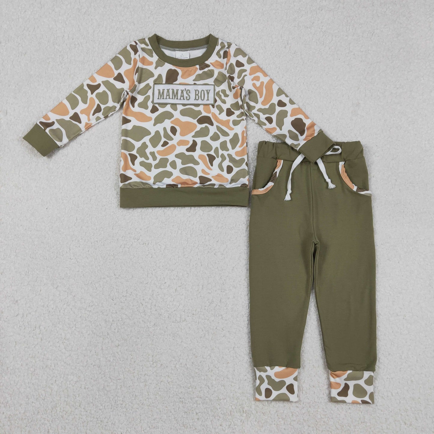 Embroidery BLP1339 mama's boy hunting camo long sleeve pants boys set