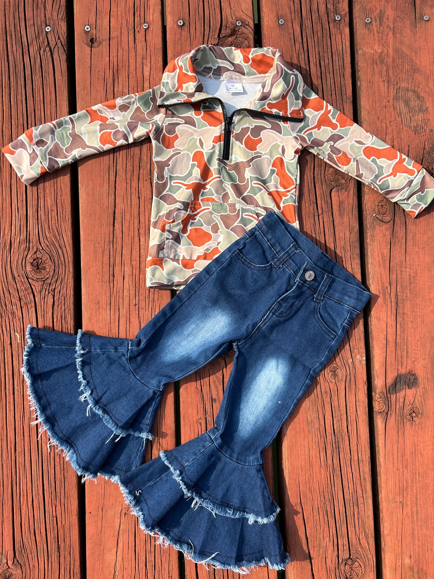Hunting camo cow pocket zipper long sleeve blue bell bottoms jeans girls set