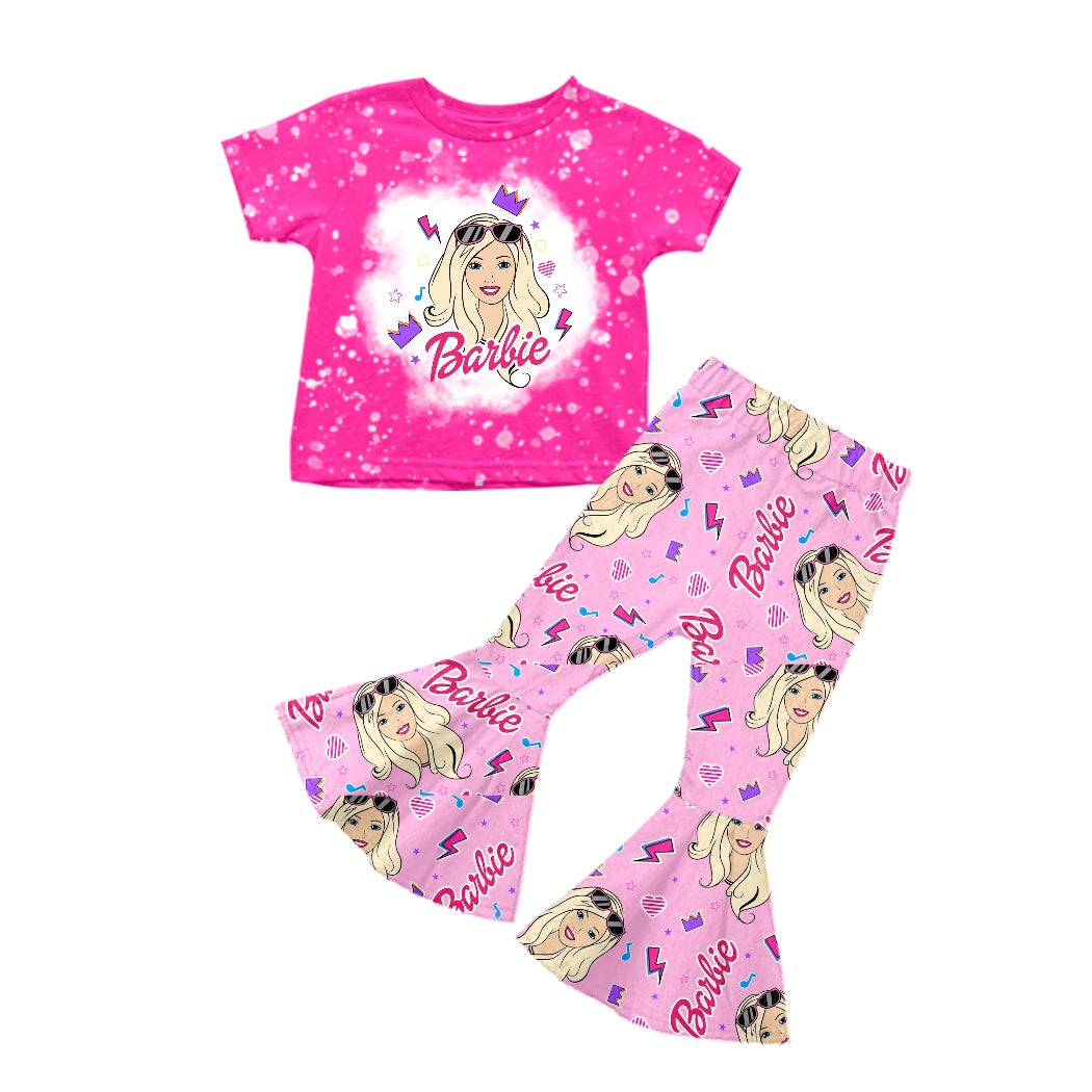 preorder GSPO1205 BA Cartoon Heart Hot Pink Short Sleeve Pink Pants Girls Set