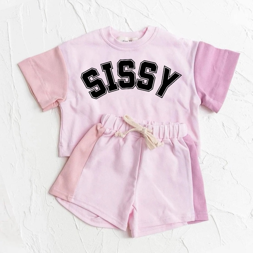 custom moq 3 sissy pink stitch short sleeve shorts kids set