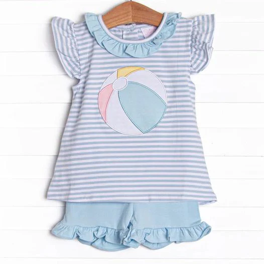 custom style sandbeach blue striped flutter sleeve blue shorts girls set