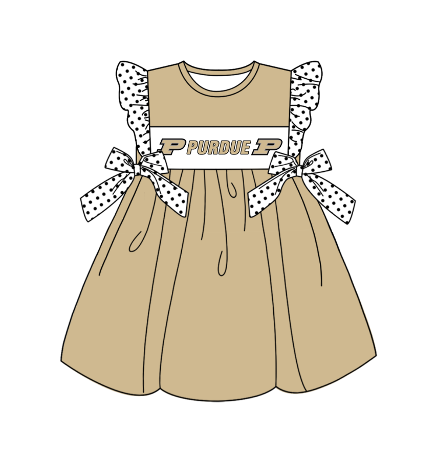 Custom Moq 3 Football Team Purdue Kahki Flutter Sleeve Bows Girls Dress