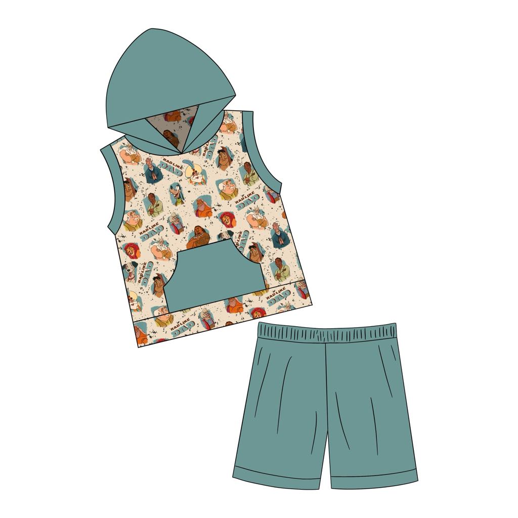 custom cartoon animals pocket hoodie sleeveless green shorts boys set