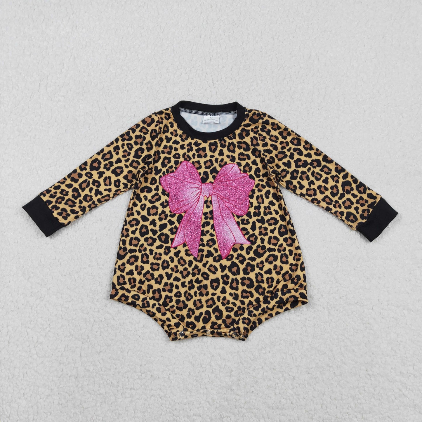 LR2775 hot pink bows leopard long sleeve girls romper