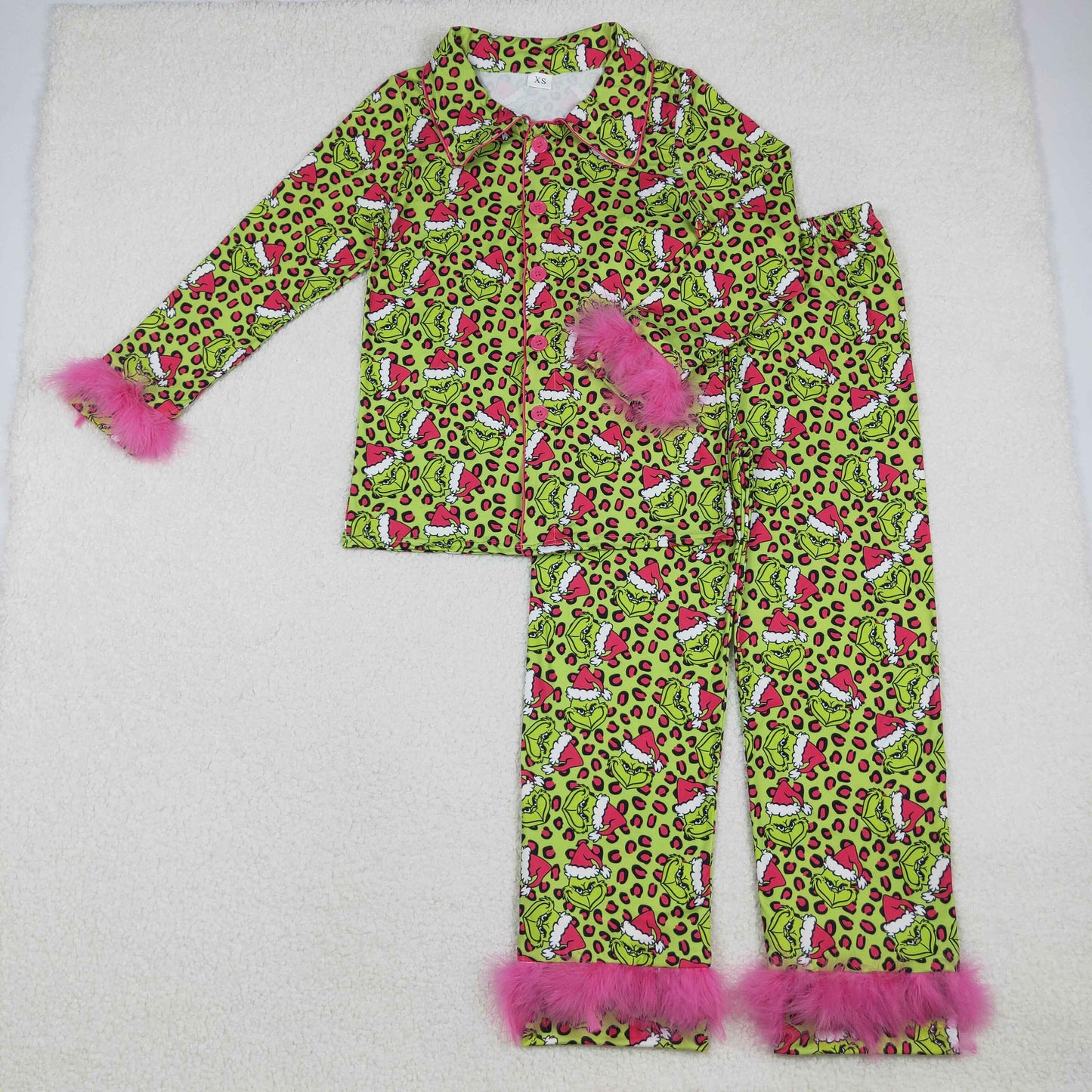 GLP2670 Christmas green face tree long sleeve pants adult women fur pajamas