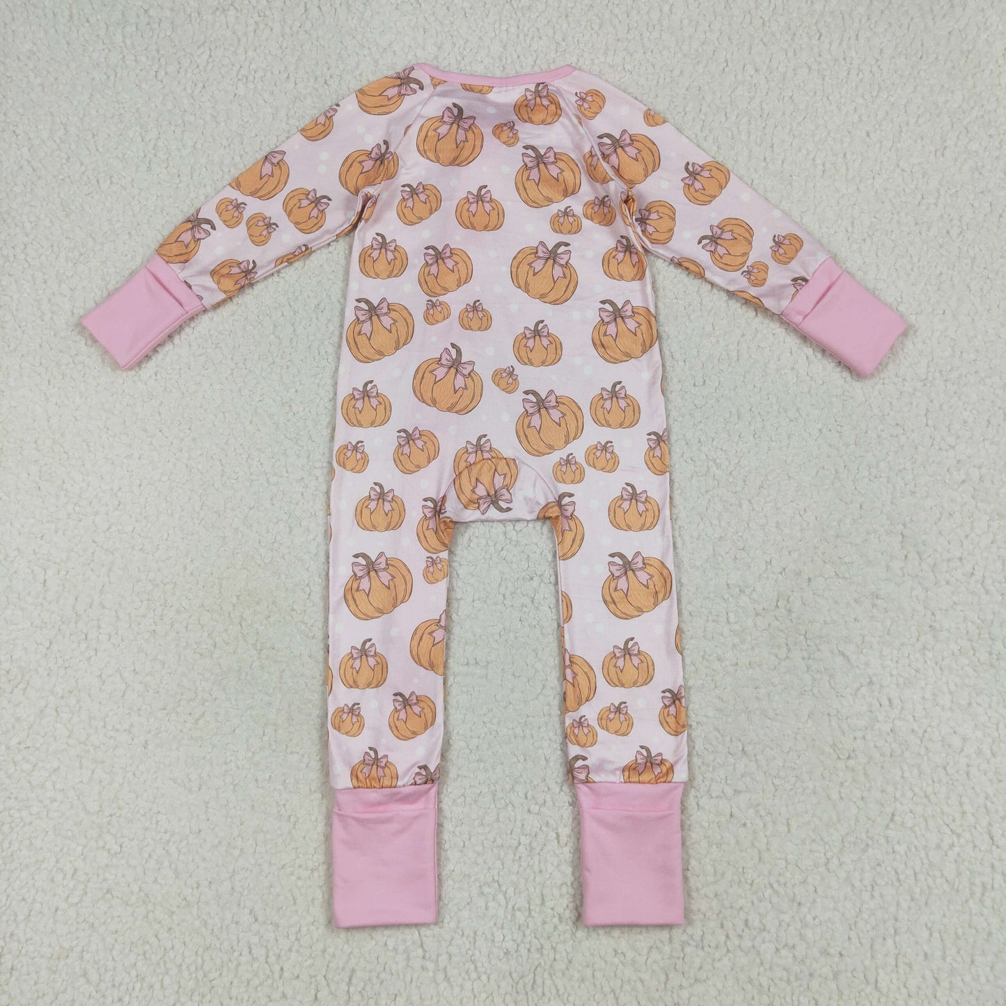 Custom moq 20 bamboo pink bows pumpkin long sleeve zipper girls romper