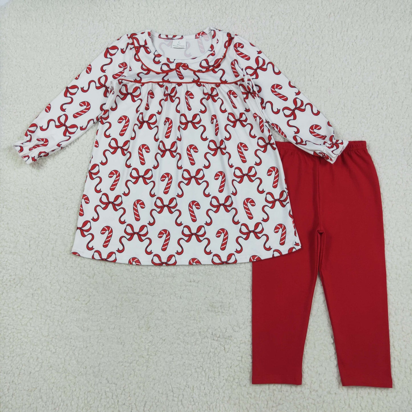 GLP2484 Christmas candy cane red bows long sleeve red pants girls set