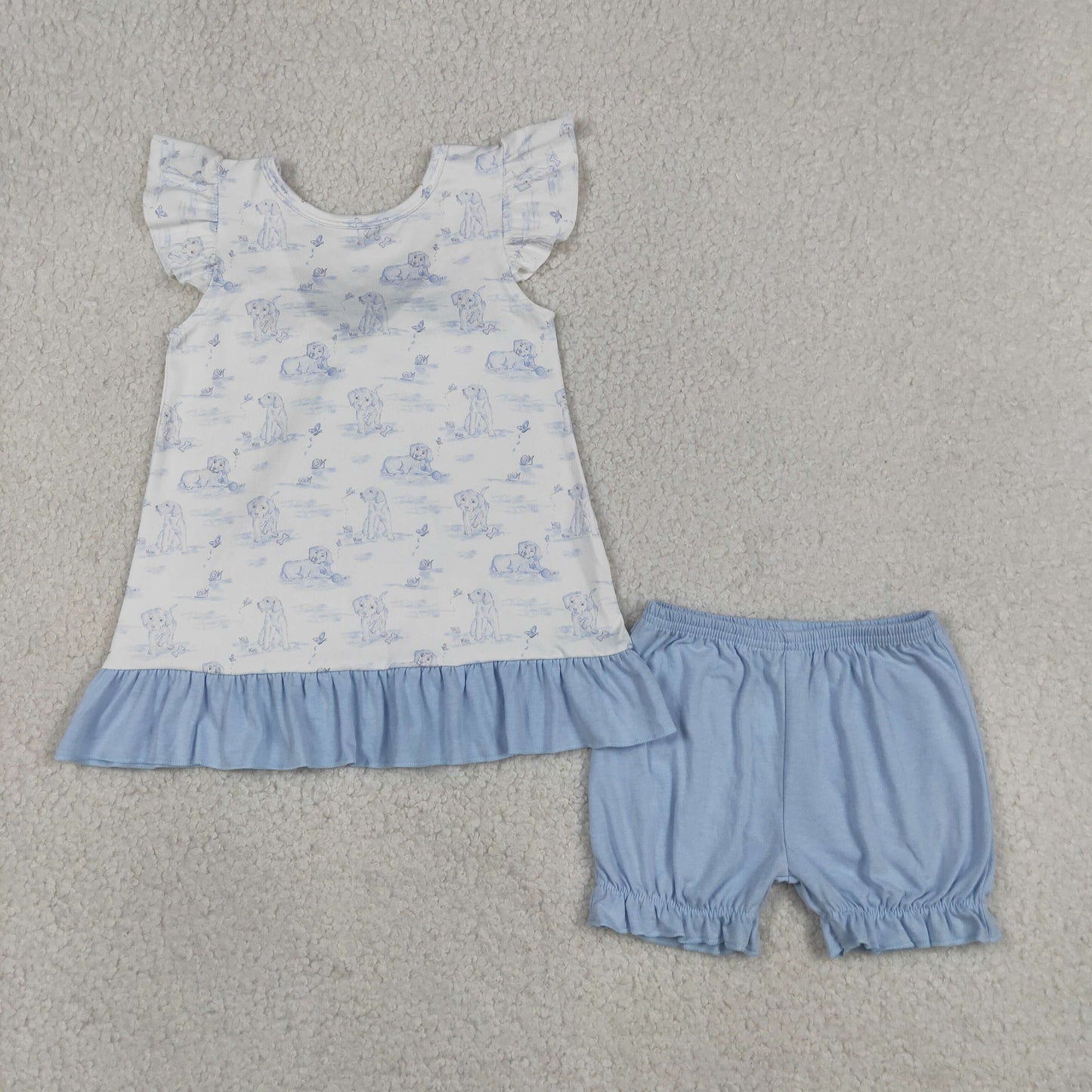 GSSO3061 Cute Dog Blue Flutter Sleeve With Bow Shorts Girls Set