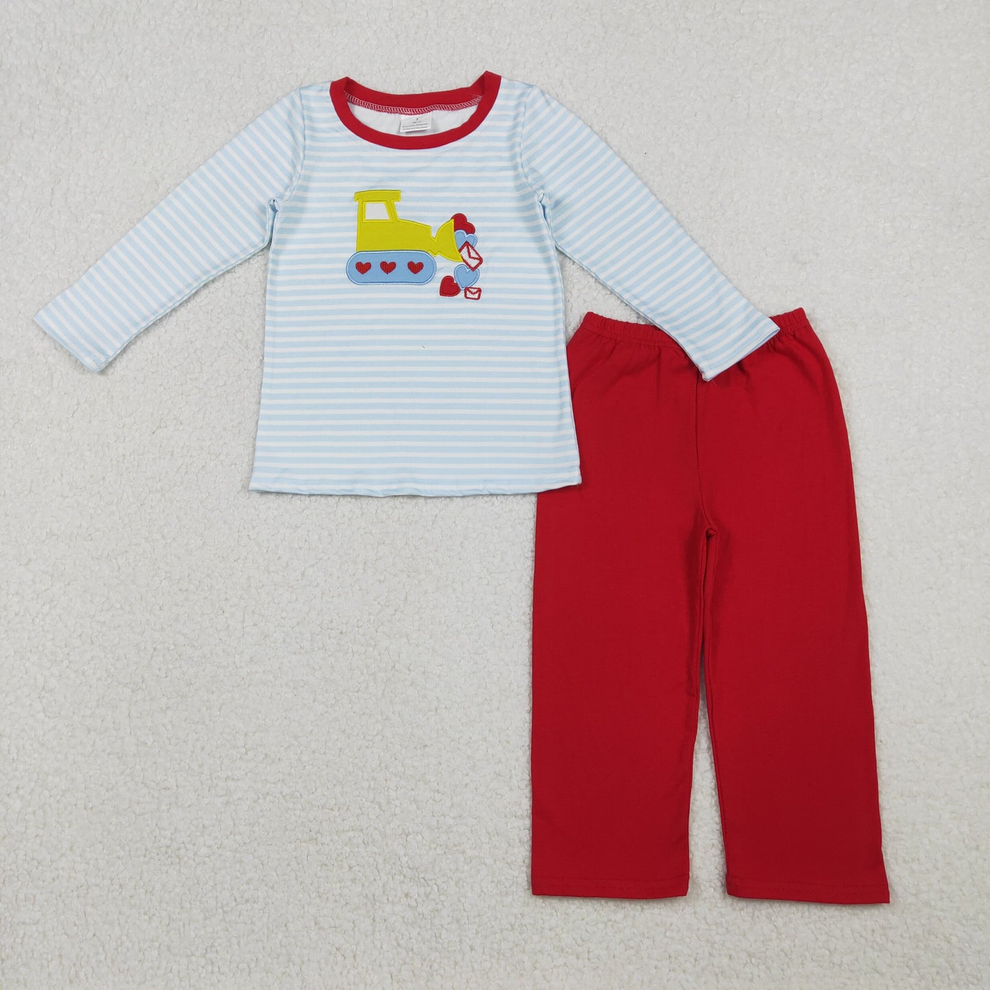embroidery BLP1302 Valentine's Day heart construction truck blue striped long sleeve red pants boys set