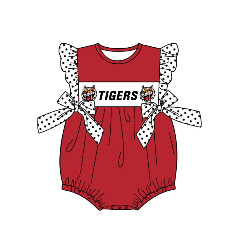 Custom Moq 3 football team tigers red bows flutter skeeve girls romper