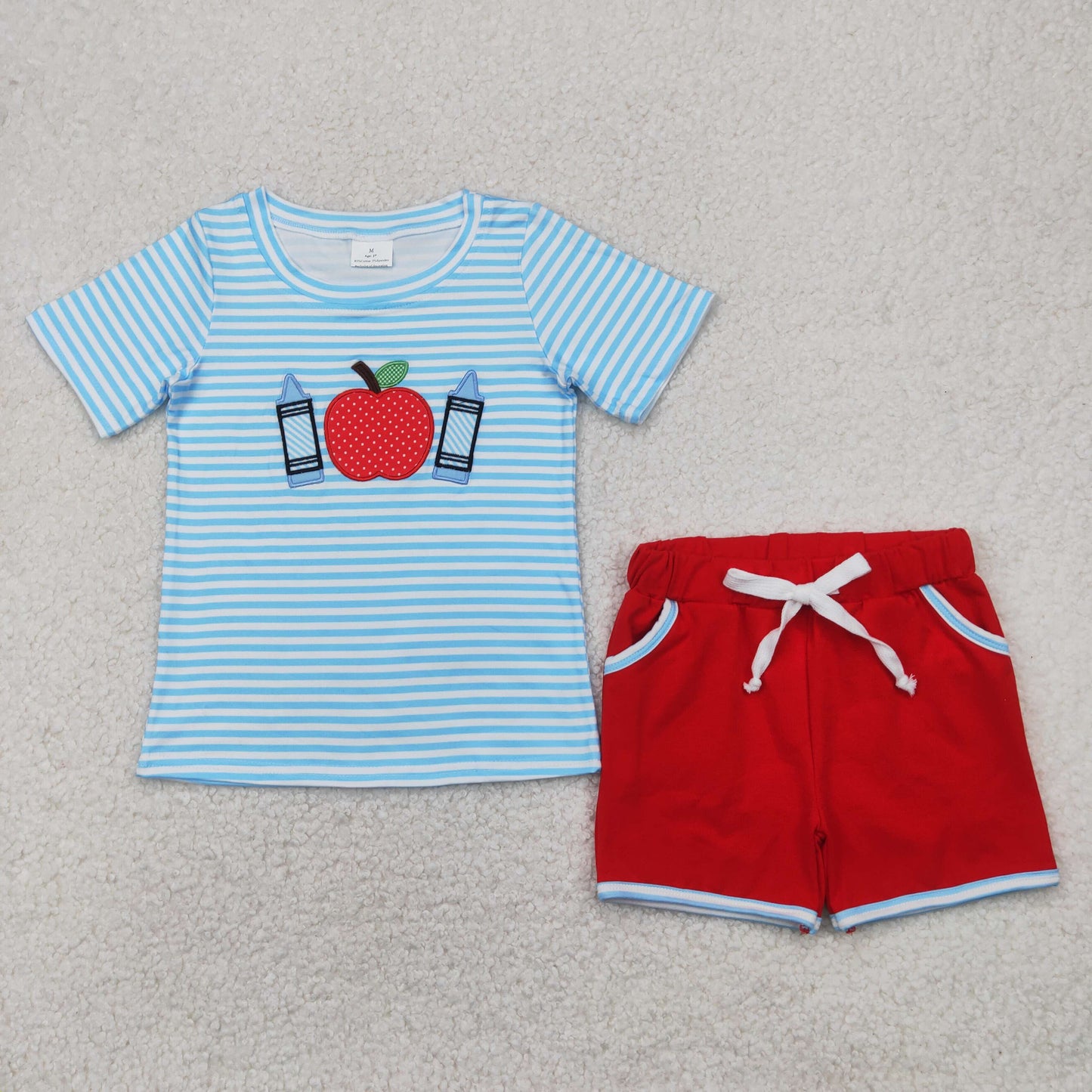 embroidery BSSO1328 back to school apple pen blue striped short sleeve red shorts boys set