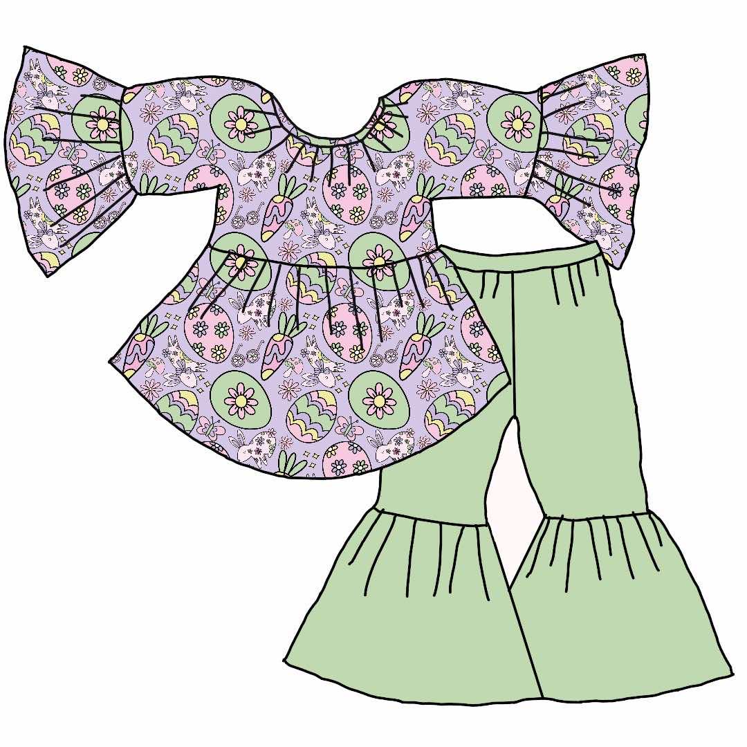 Custom Easter Flowers Egg Purple Long Sleeve Green Pants Girls Set