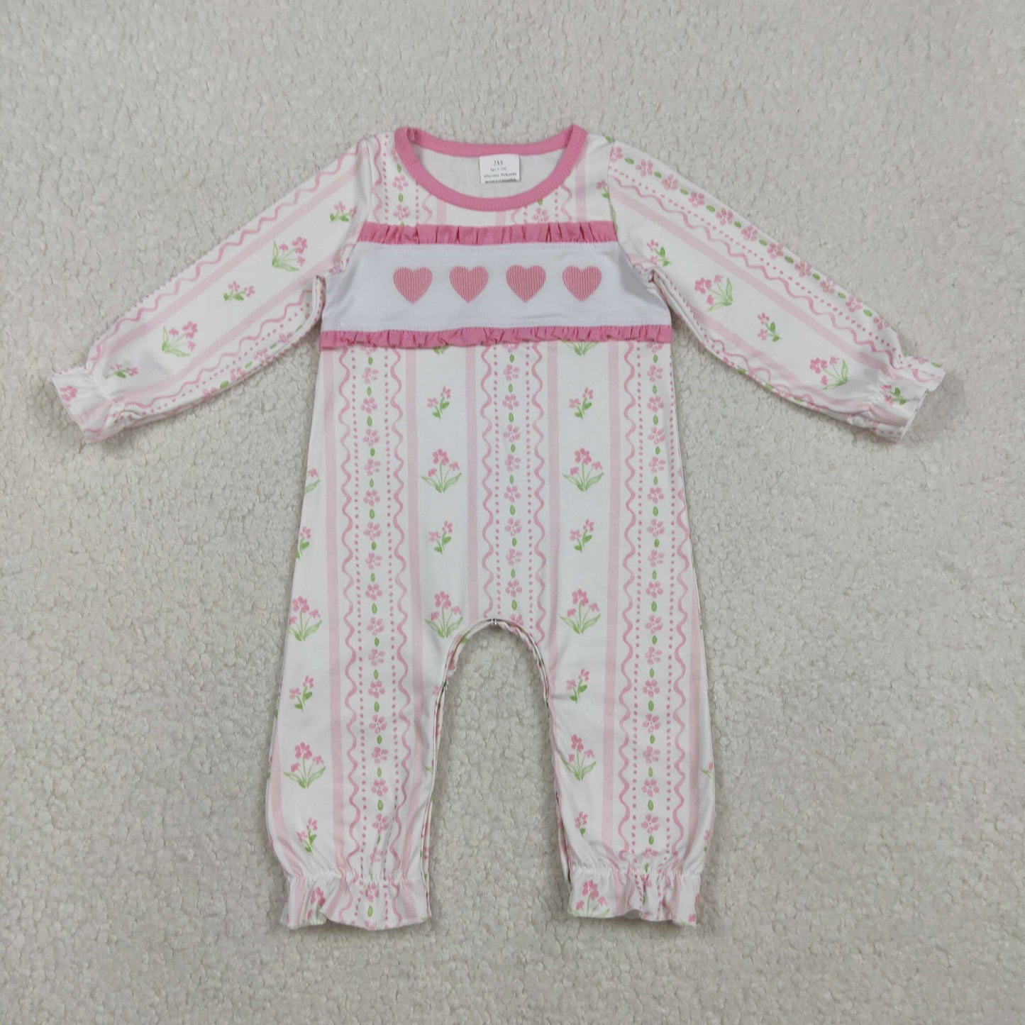 Embroidery LR2714 Valentine's Day heart pink flowers long sleeve girls romper