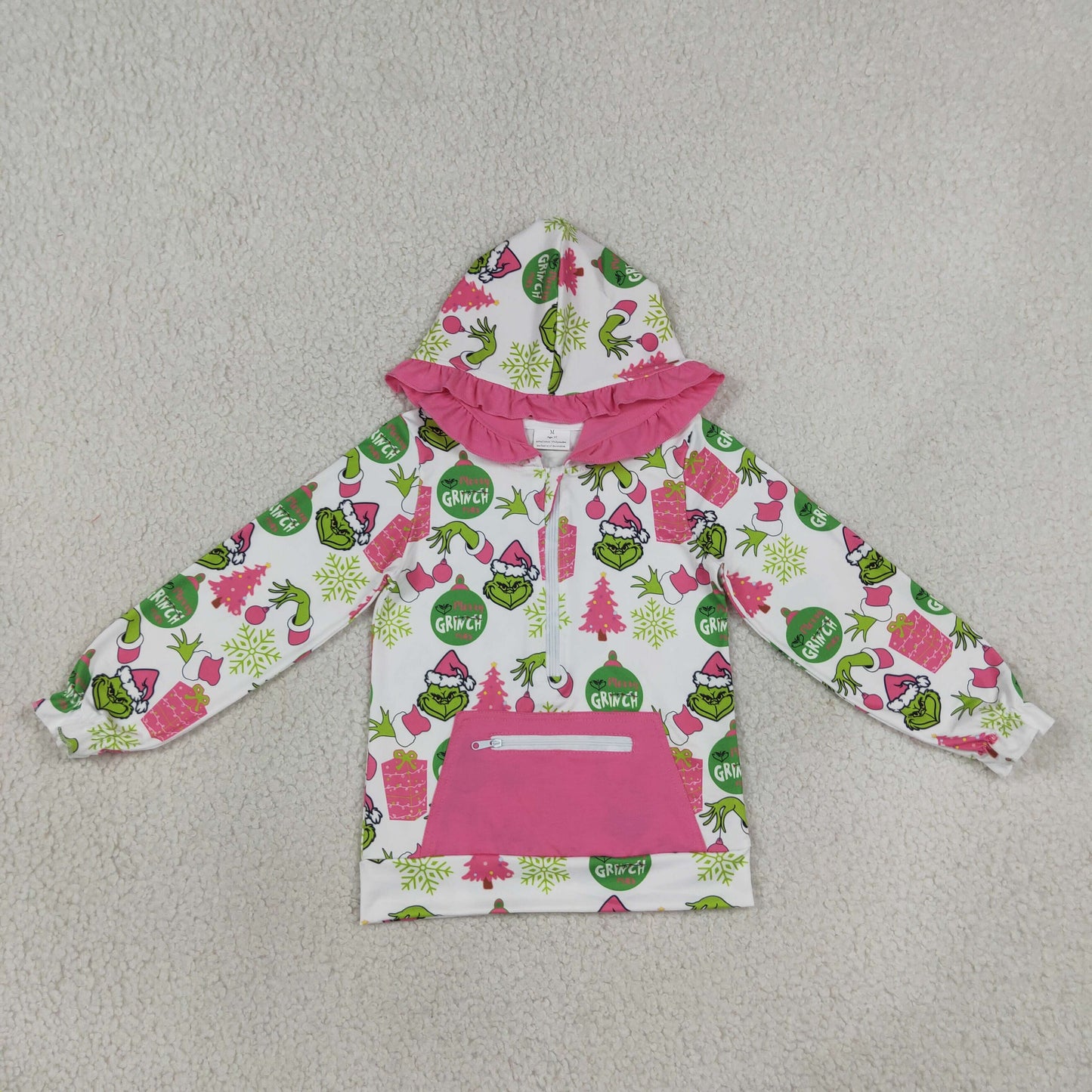 GT1164 Christmas green face tree pocket zipper hoodie long sleeve girs top