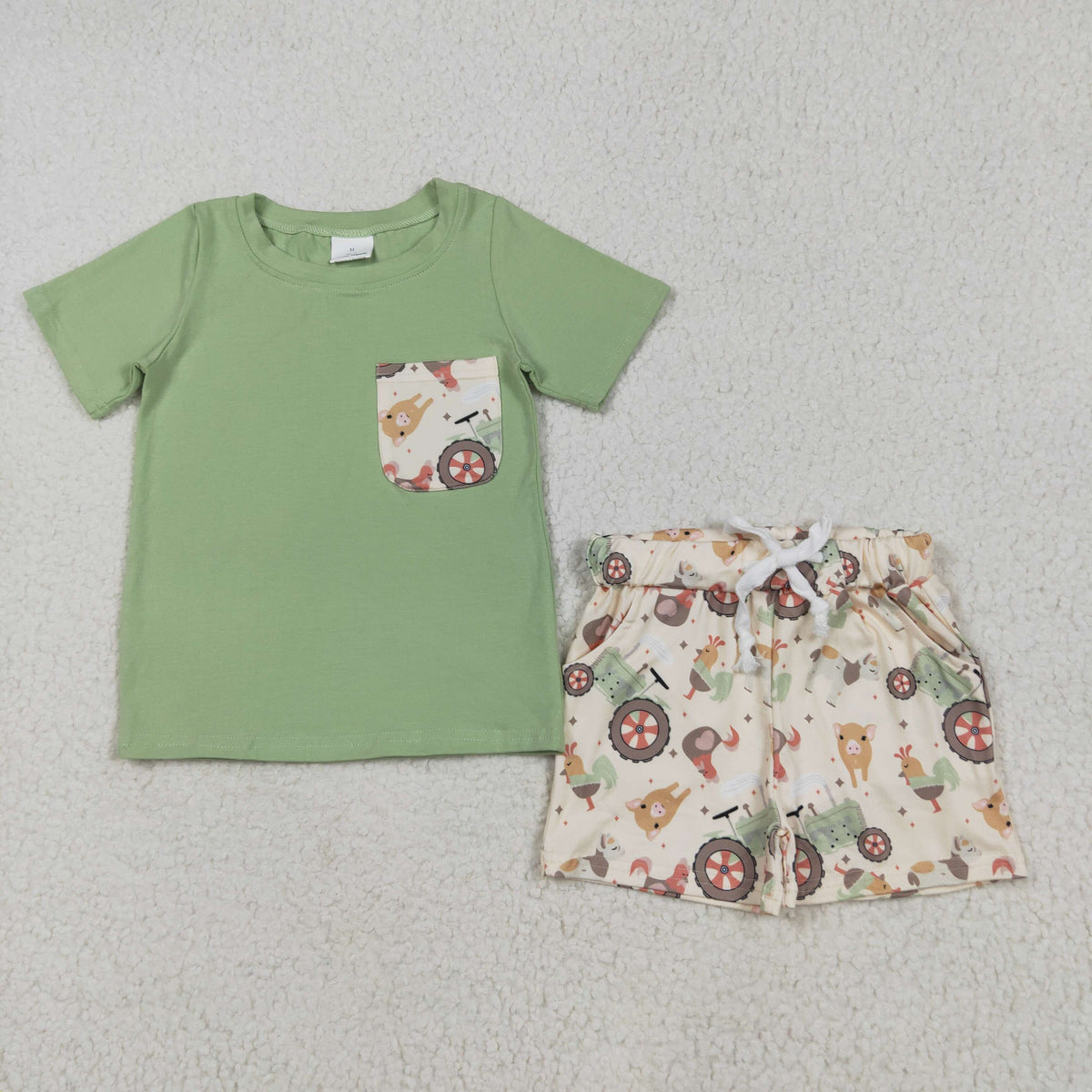 BSSO1460 farm pocket green short sleeve tractor animals shorts boys set