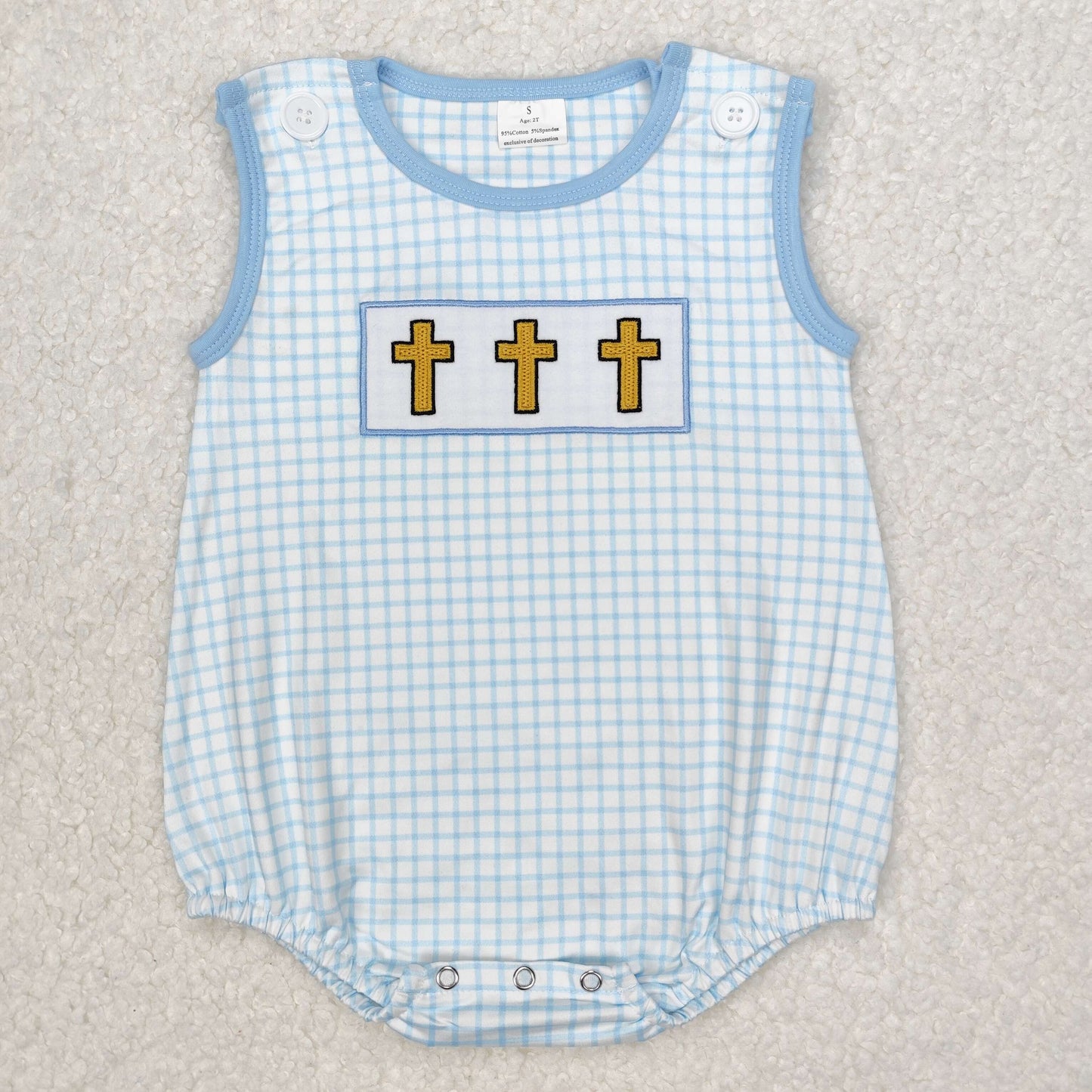 embroidery SR2505 Easter cross blue checkered sleeveless boys romper