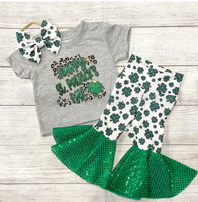 preorder GSPO0941 Happy Saint Patrick day grey short sleeve green pants girls set