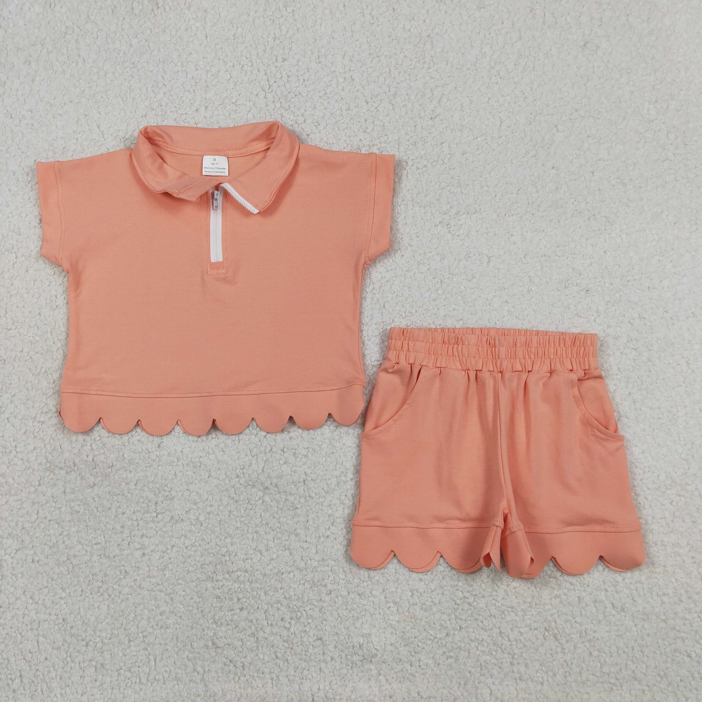GSSO3374 Orange Pink Zipper Short Sleeve Shorts Girls Set