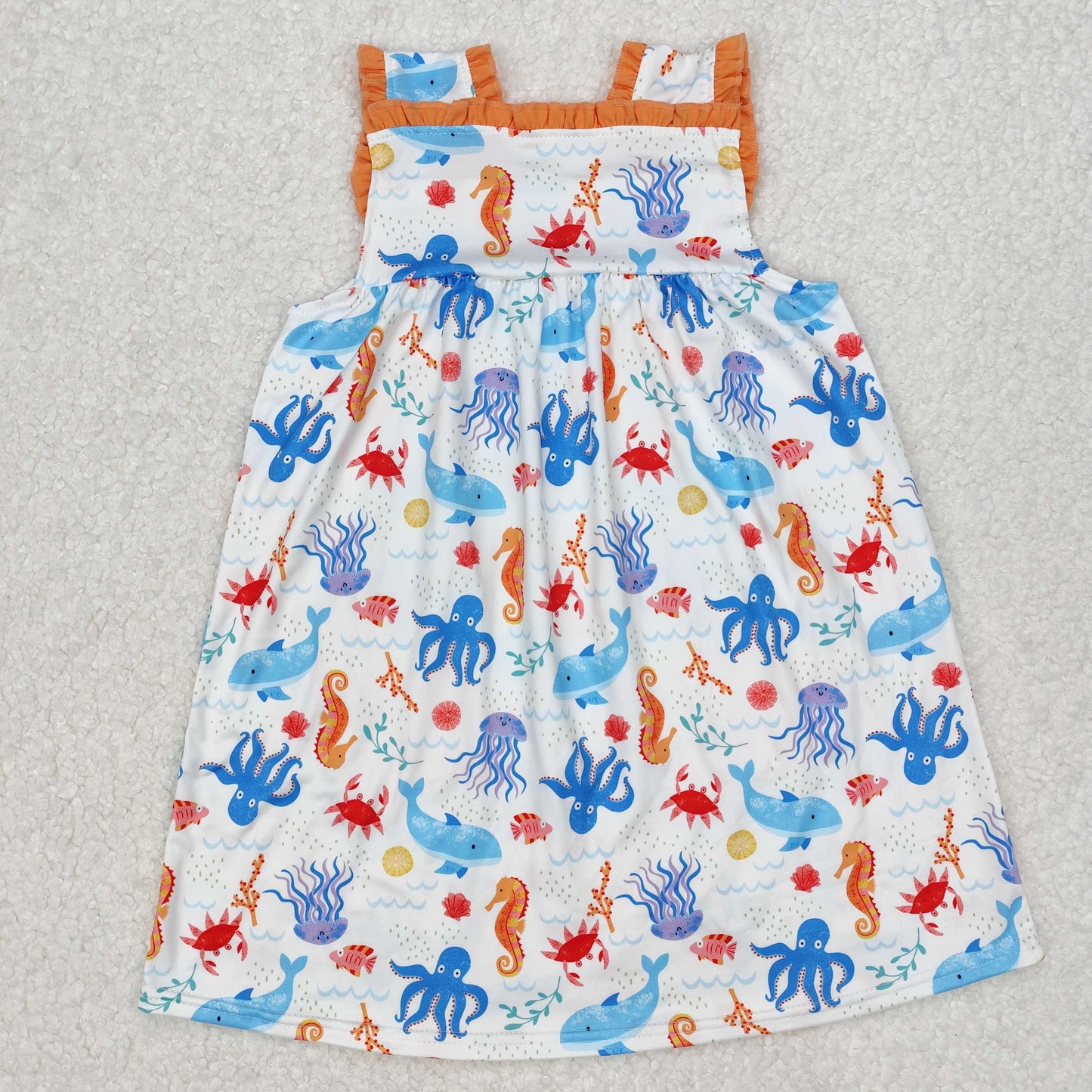 GSD1961 seahorse octopus orange pockets girls dress