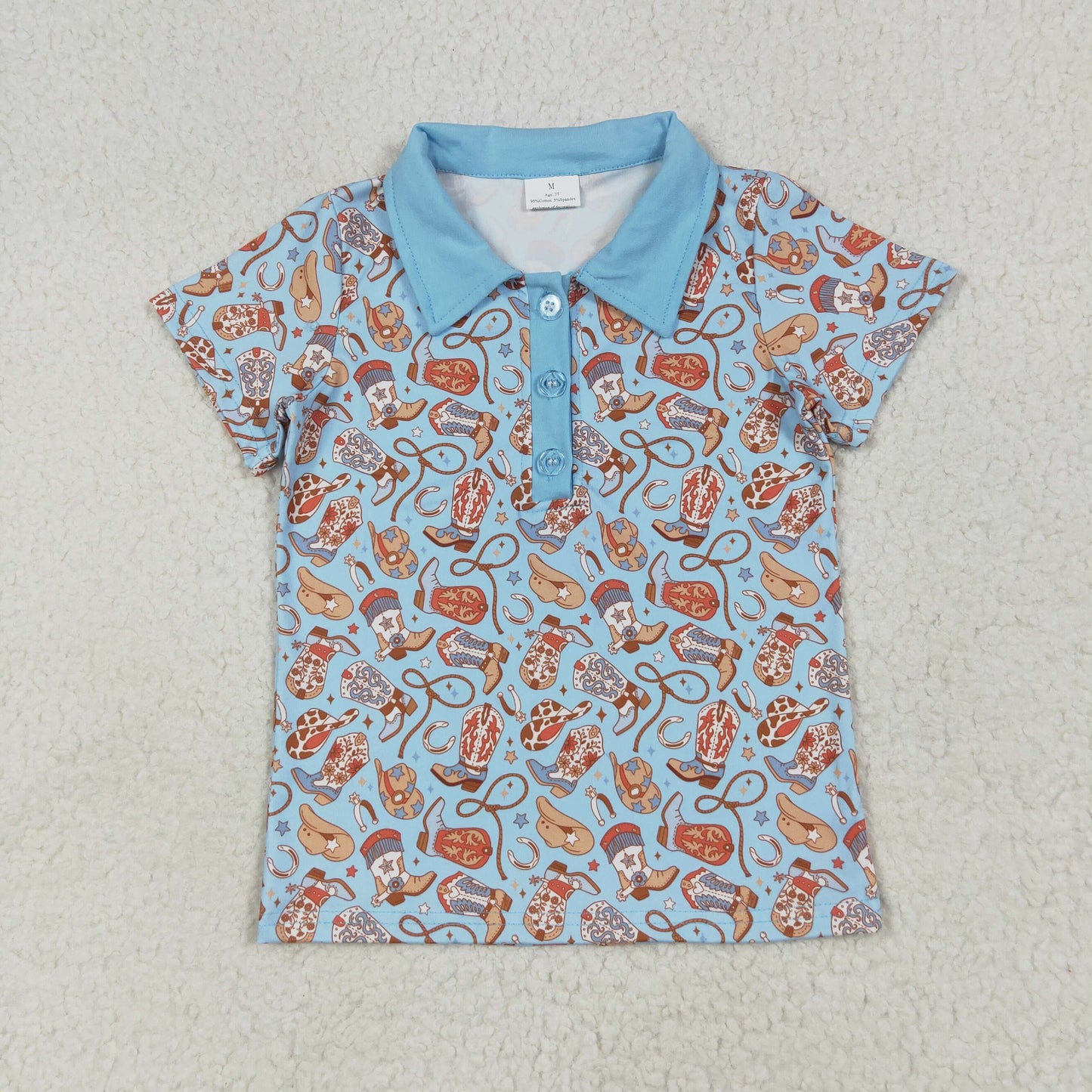 BT1256 Western boots hat blue short sleeve boys top