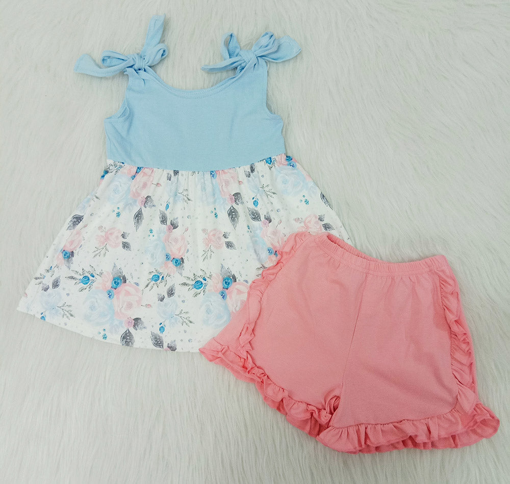 C0-12 Blue Summer Floral Print Girls Pink Shorts Set