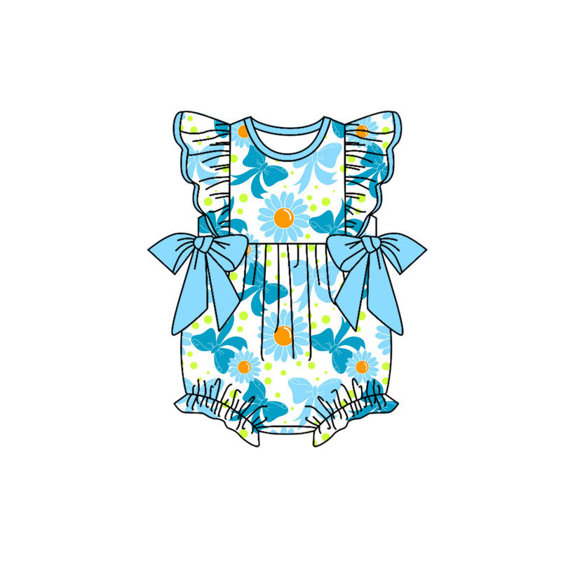 Custom moq 20 blue flowers bows flutter sleeve girls romper
