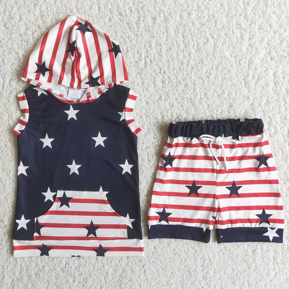 C14-23 4th Of July Boys Sleeveless Hoodie Set
