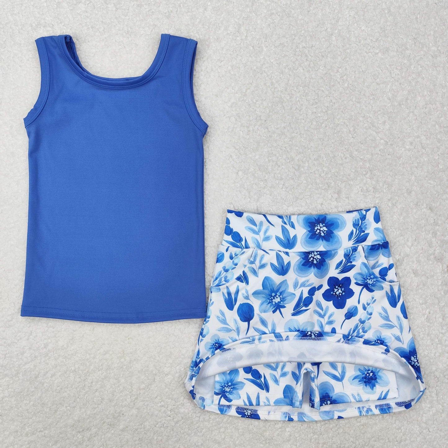 GSD1595 blue sleeveless blue flowers skirt with shorts girls yoga set