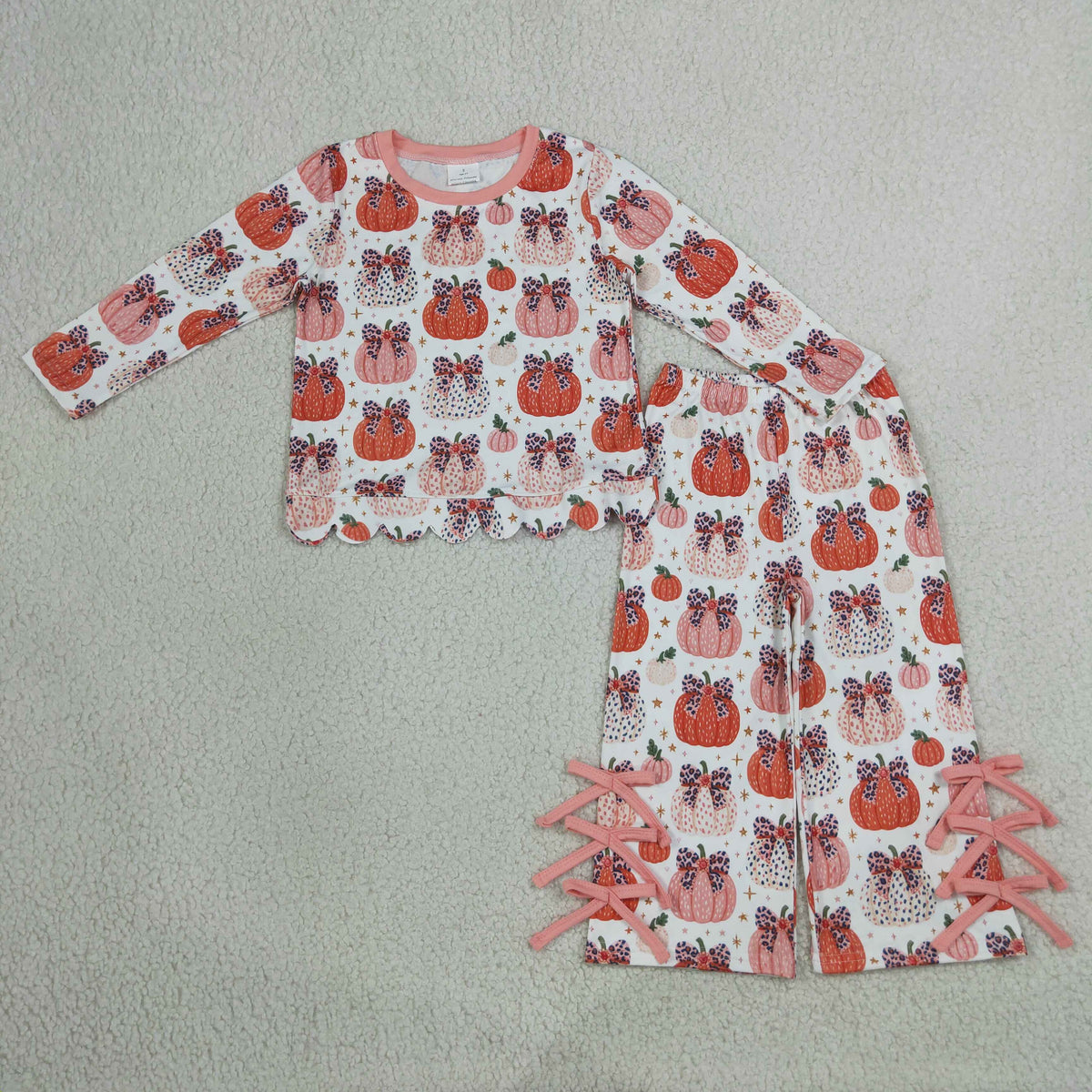 GLP3435 Scallop Pumpkin Bows Pink Long Sleeve Pants Girls Set