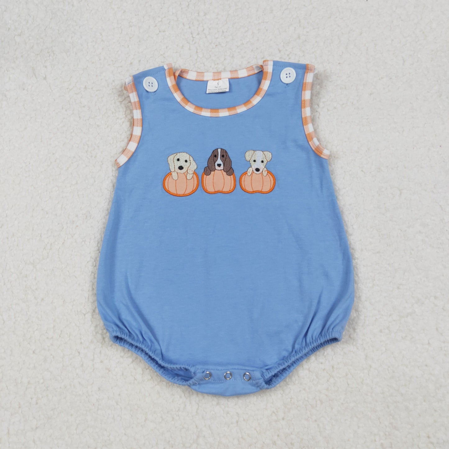 embroidery SR3190 Autumn pumpkin dog blue sleeveless boys romper