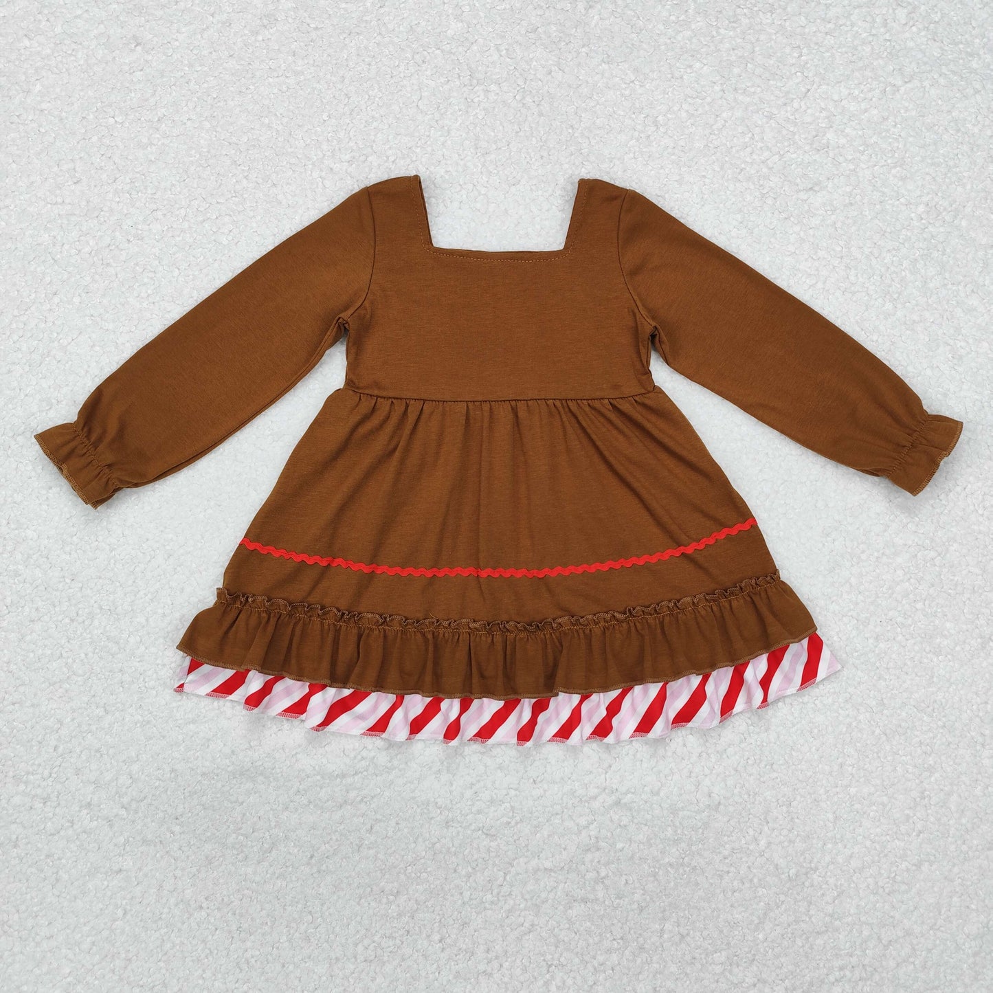 GLD0758 Christmas gingerbread man bows brown long sleeve girls dress