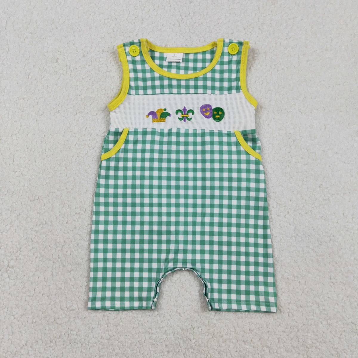 SR3312 Mardi Gras Green Checkered Sleeveelss Boys Romper