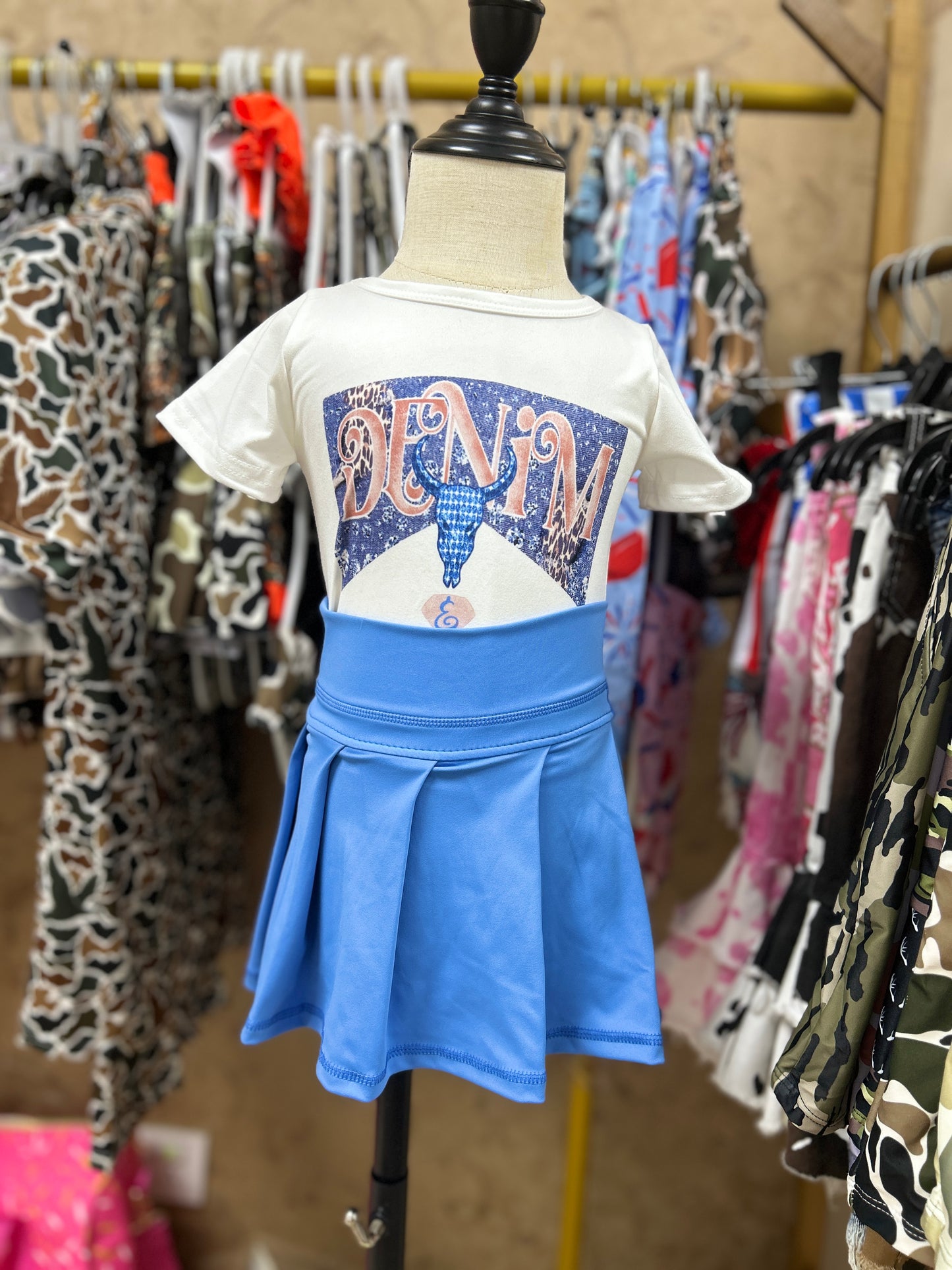 Western blue cow short sleeve yoga blue skirt skort girls set
