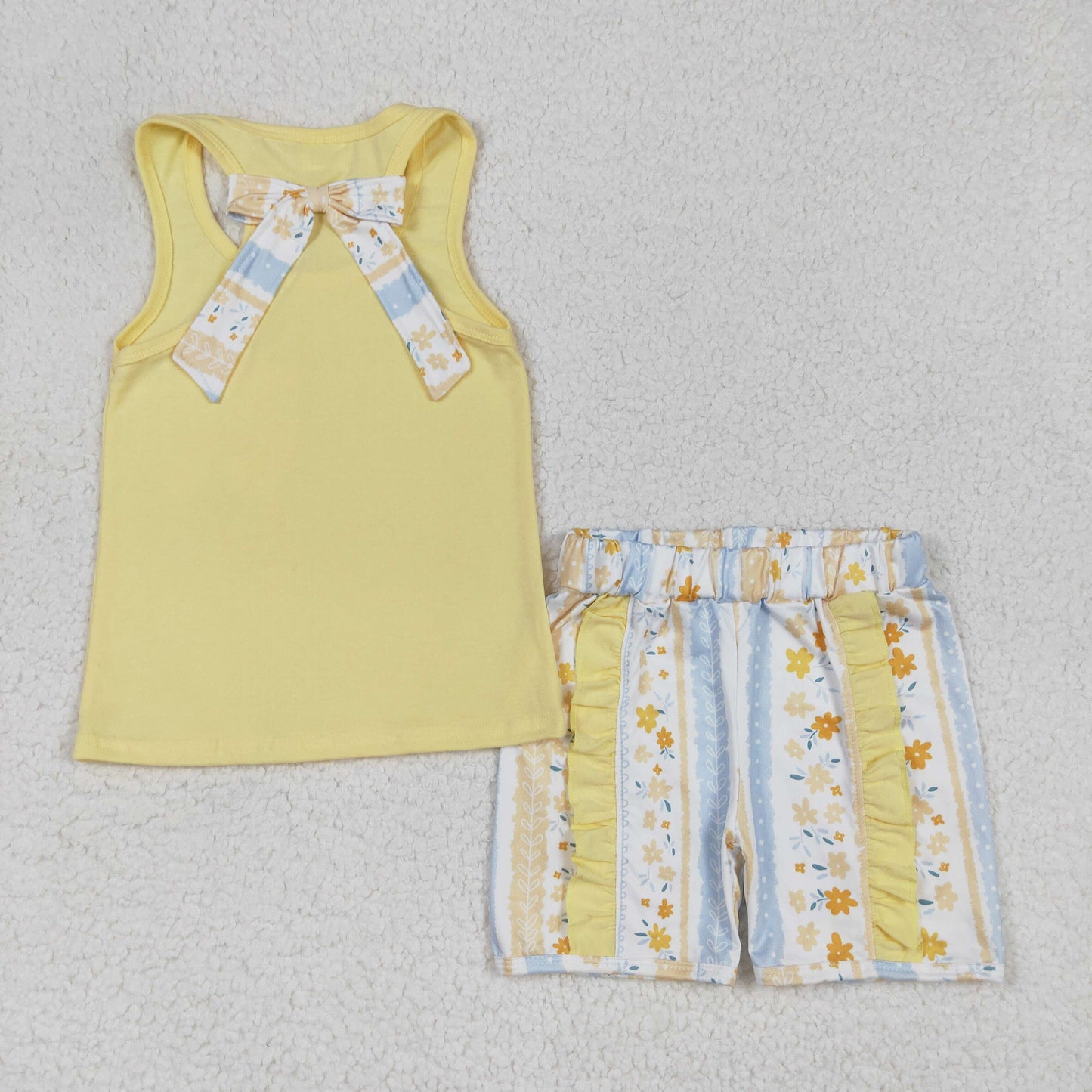 GSSO1788 Yellow Pocket Bows Sleeveless Ruffles Flowers Shorts Girls Set