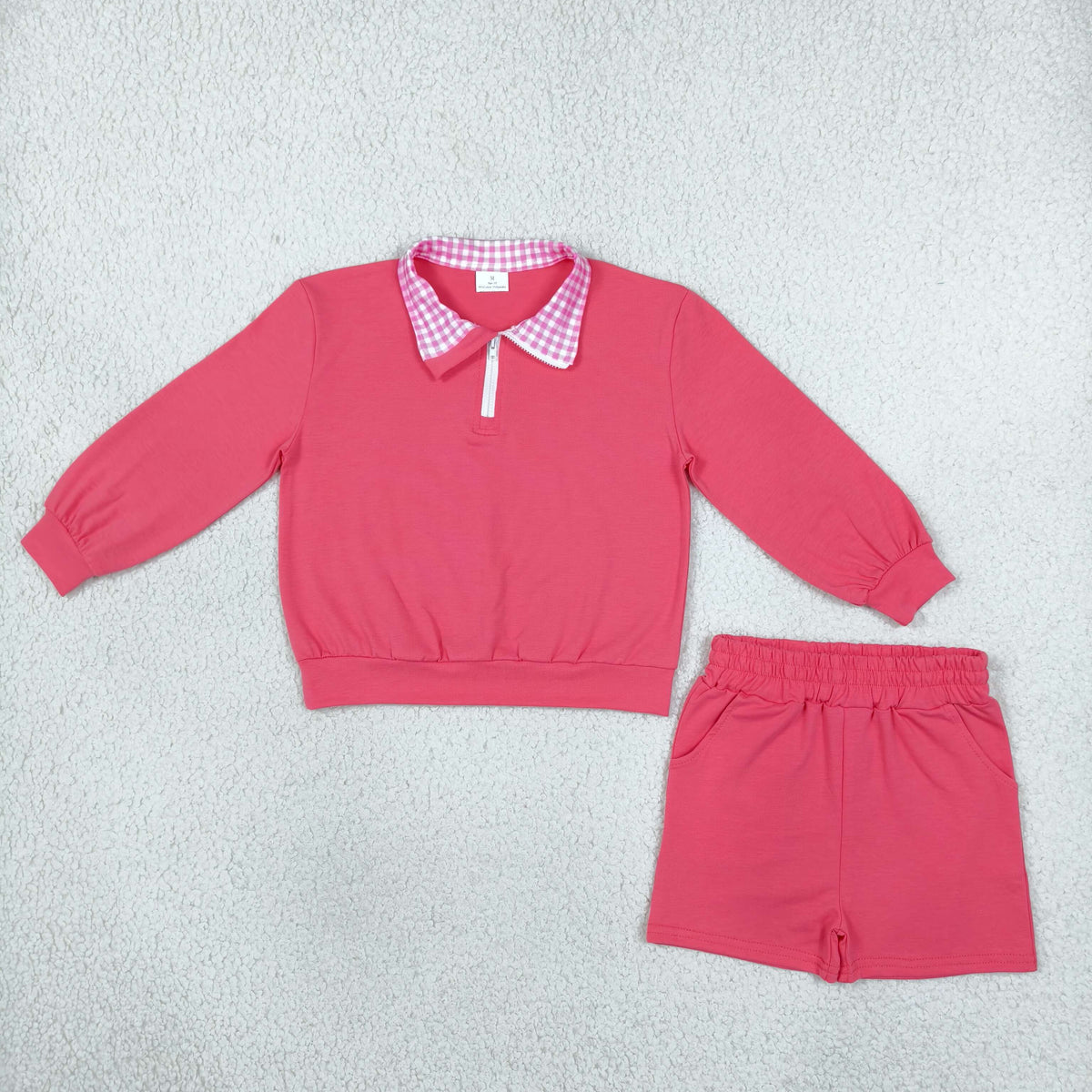 GLS0225 Hot Pink Zipper Long Sleeve Shorts Girls Set