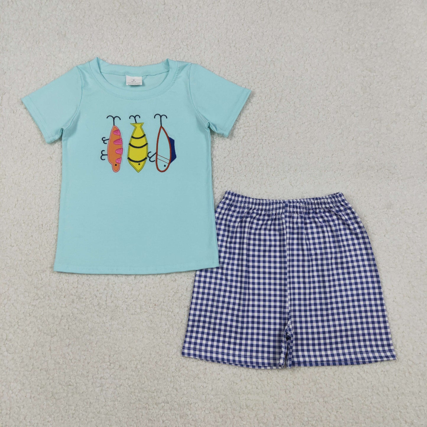 Embroidery BSSO1628 fishing short sleeve blue shorts boy set
