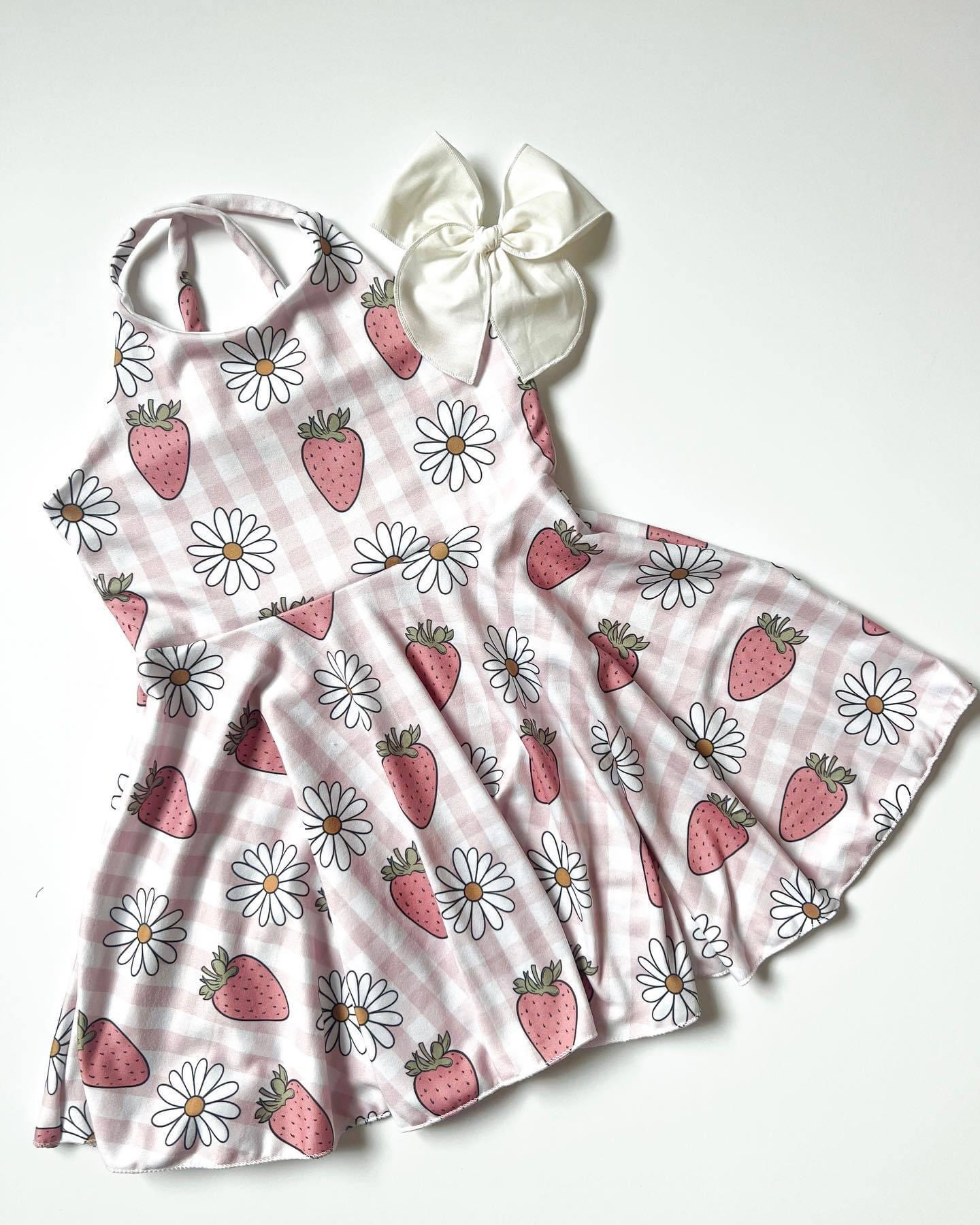 preorder cute strawberry flowers pink checkered girls dress