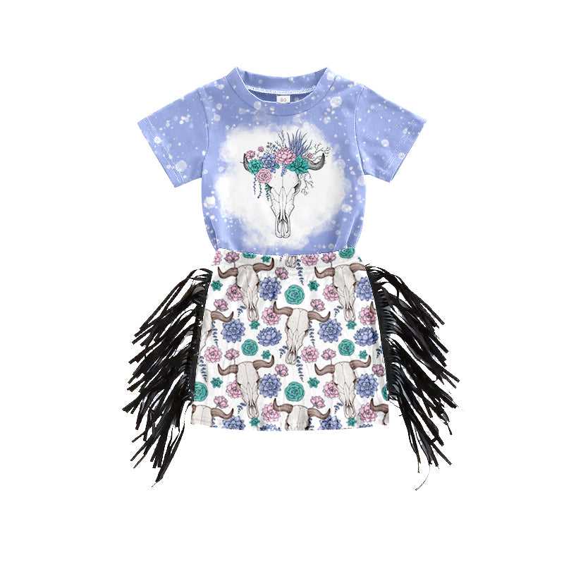 preorder GSD0611 Western cow flowers purple short sleeve tassels skirt girls set