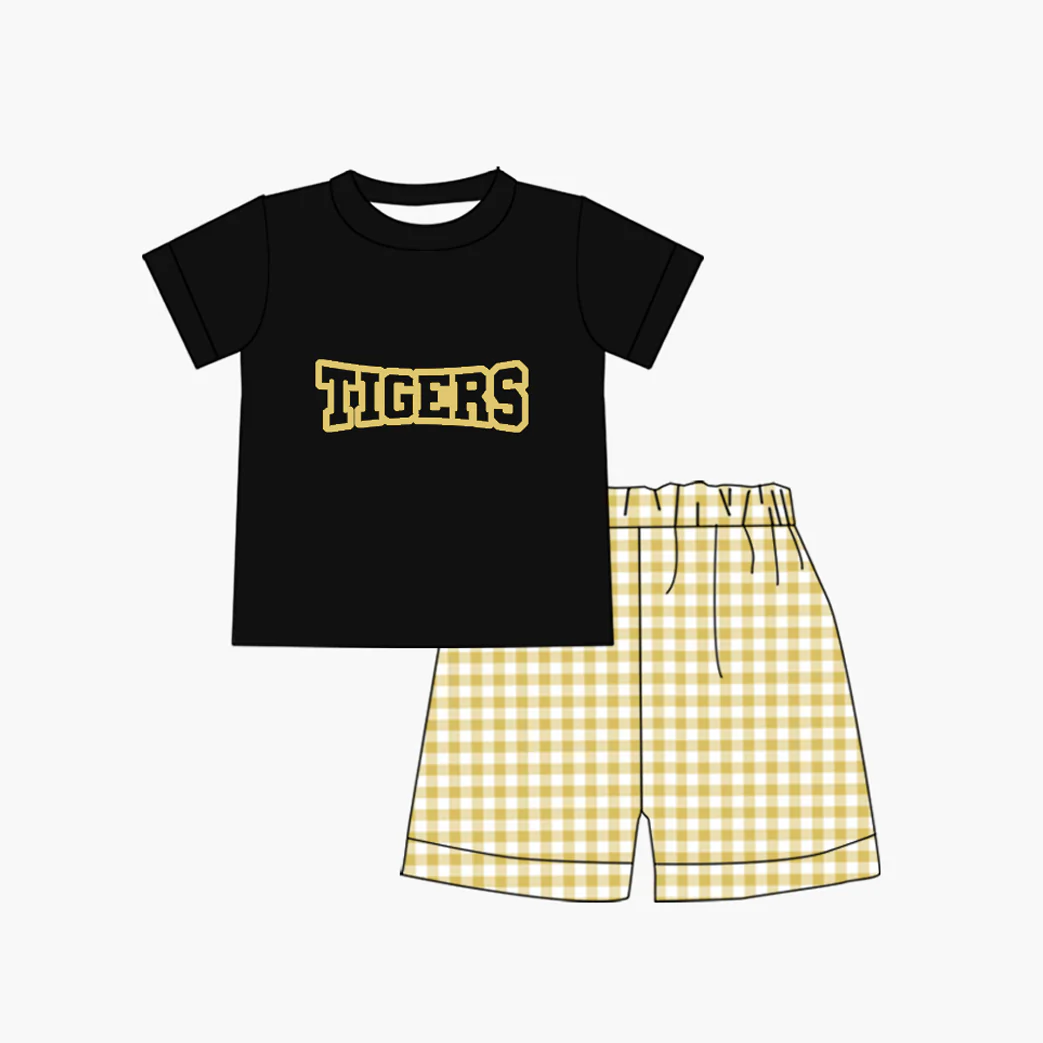 custom moq 3 tigers black short sleeve golden checkered shorts boys set