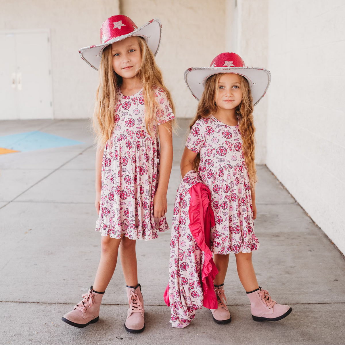 preorder GSD1651 Western Light Hat Boot Hot Pink Short Sleeve Girls Dress