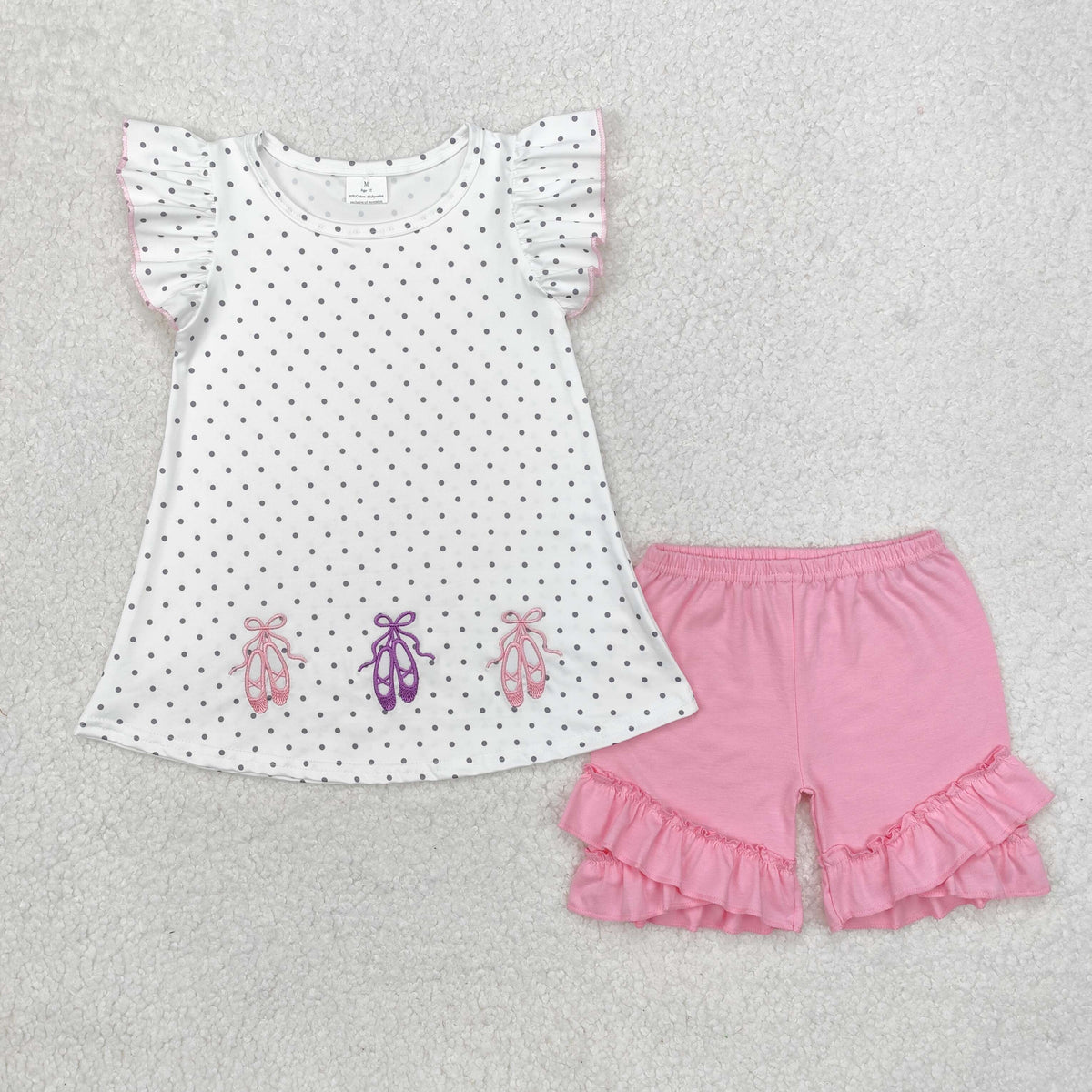 GSSO1504 cute dance shoe dot flutter sleeve pink ruffles shorts girls set