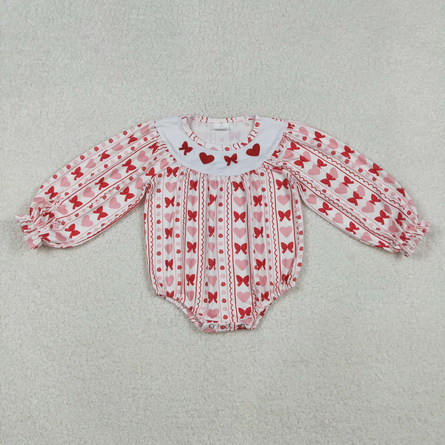 embroidery LR2696 Valentine's Day red heart bows long sleeve girls romper