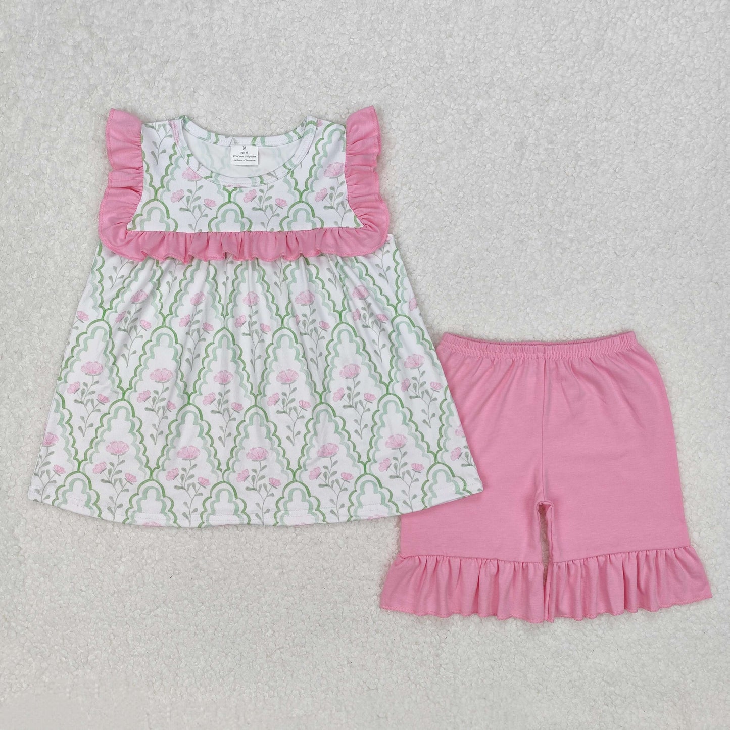 GSSO2013 pink flowers green ruffles sleeve pink shorts girls set