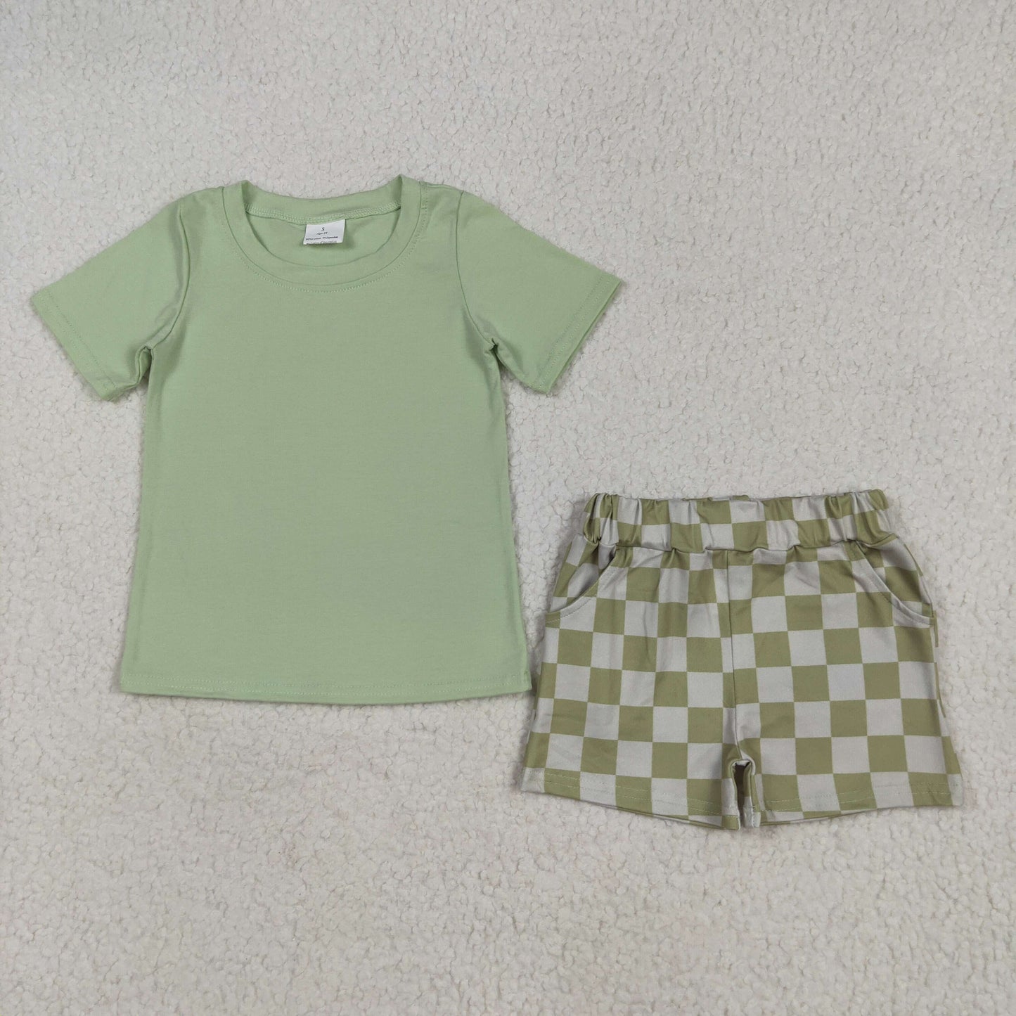 BSSO1470 green short sleeve blue checkered shorts boys set