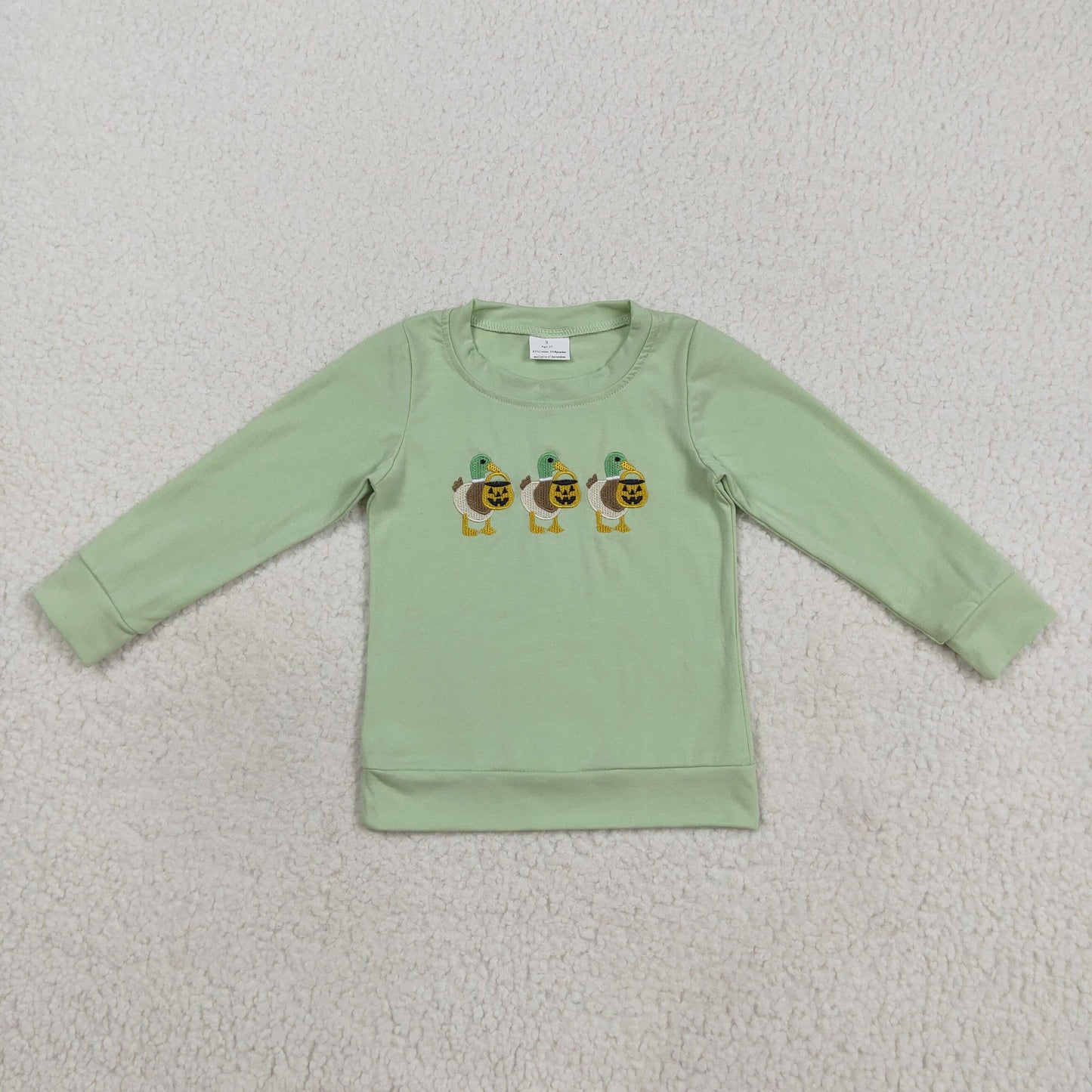 BT1278 embroidery Halloween pumpkin duck mallard green long sleeve boys top