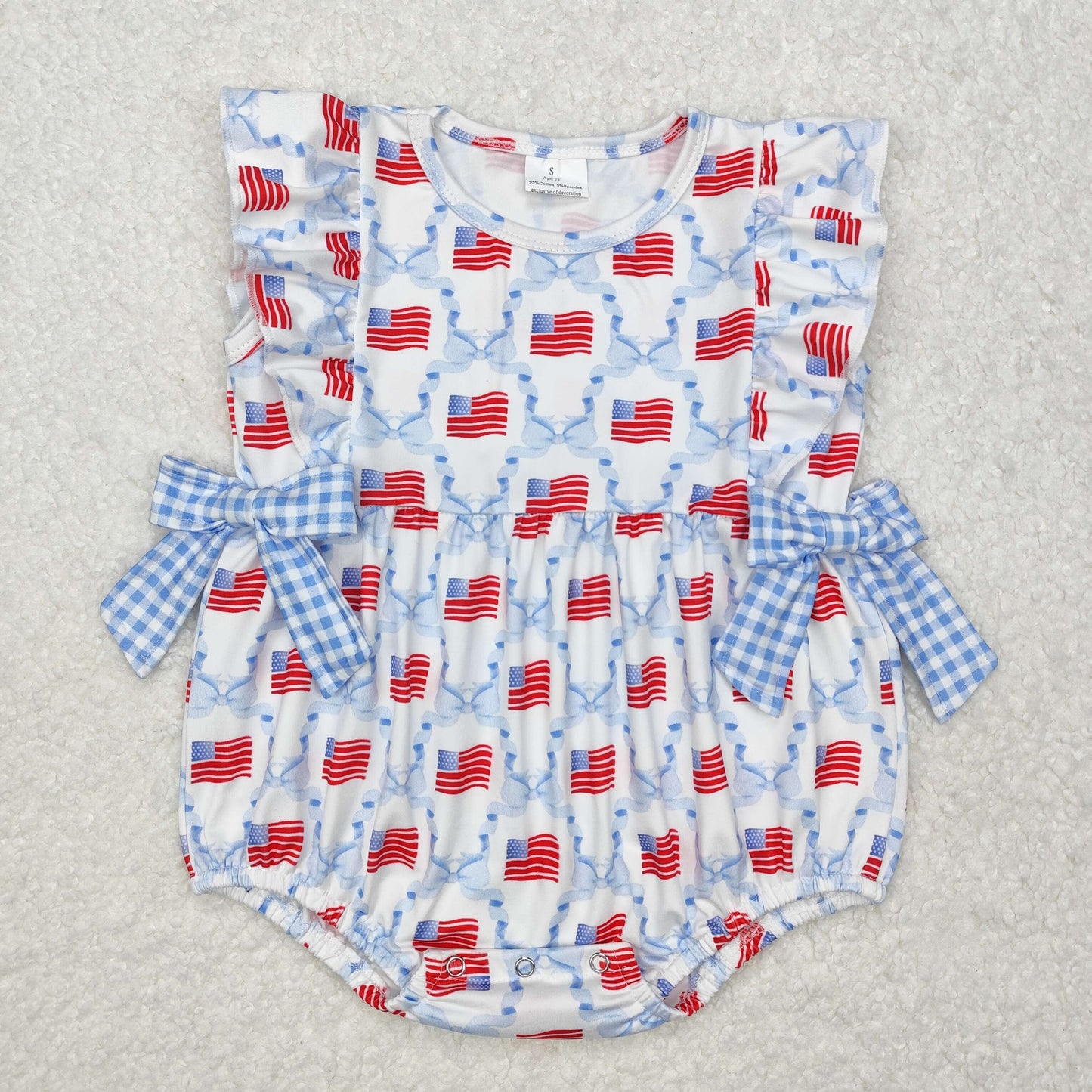 SR2353 July 4th flag blue bows flutter sleeve girls romper