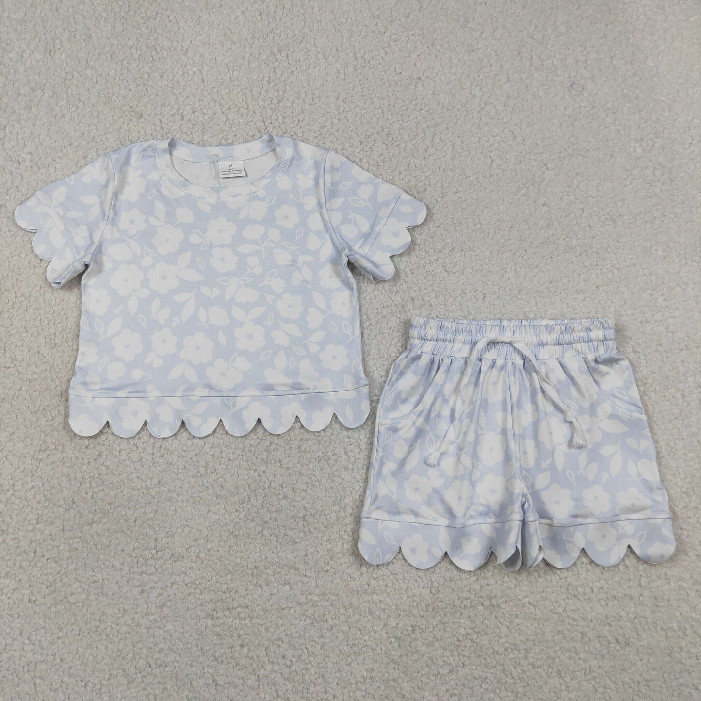 GSSO3730 Scallop Flowers Blue Short Sleeve Shorts Girls Set