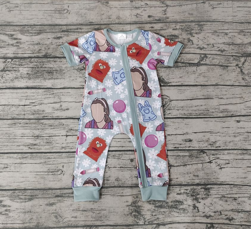 SR0347 Teacher Short Sleeve Cartoon Zip Romper