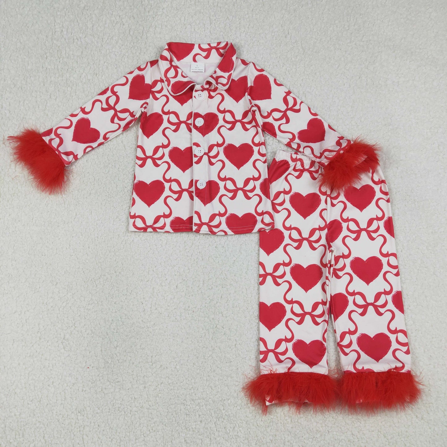 GLP3221 Valentine's Day Heart Bows Long Sleeve Pants Fur Girls Pajamas