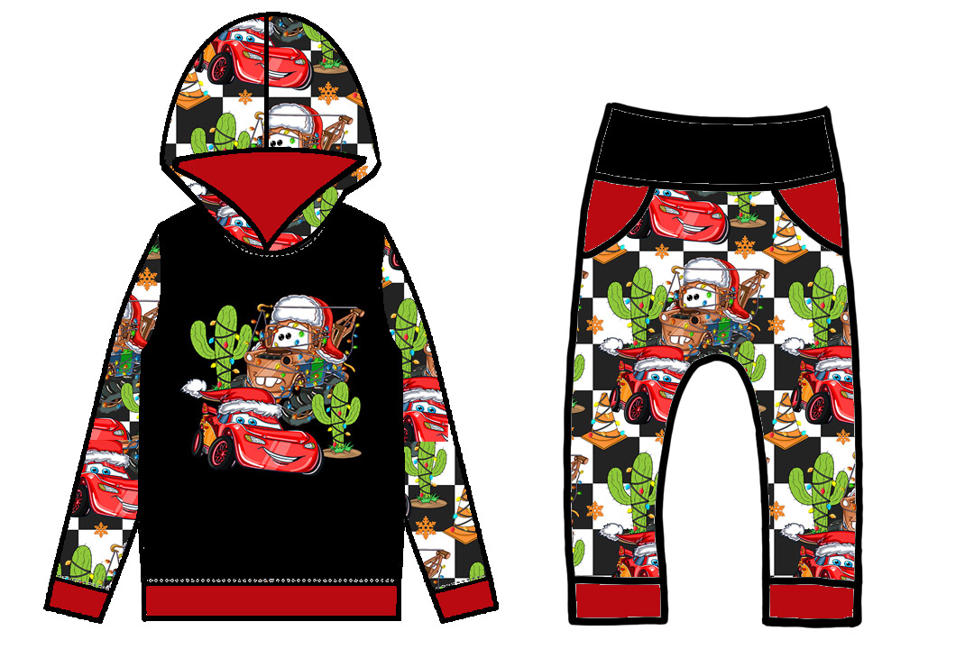 preorder BLP1018 Christmas cartoon car cactus light long sleeve hooded pants boys set